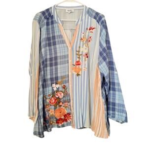 Angel Heart 3X Patchwork Embroidered Boho Plaid Stripe Rayon Blouse Top